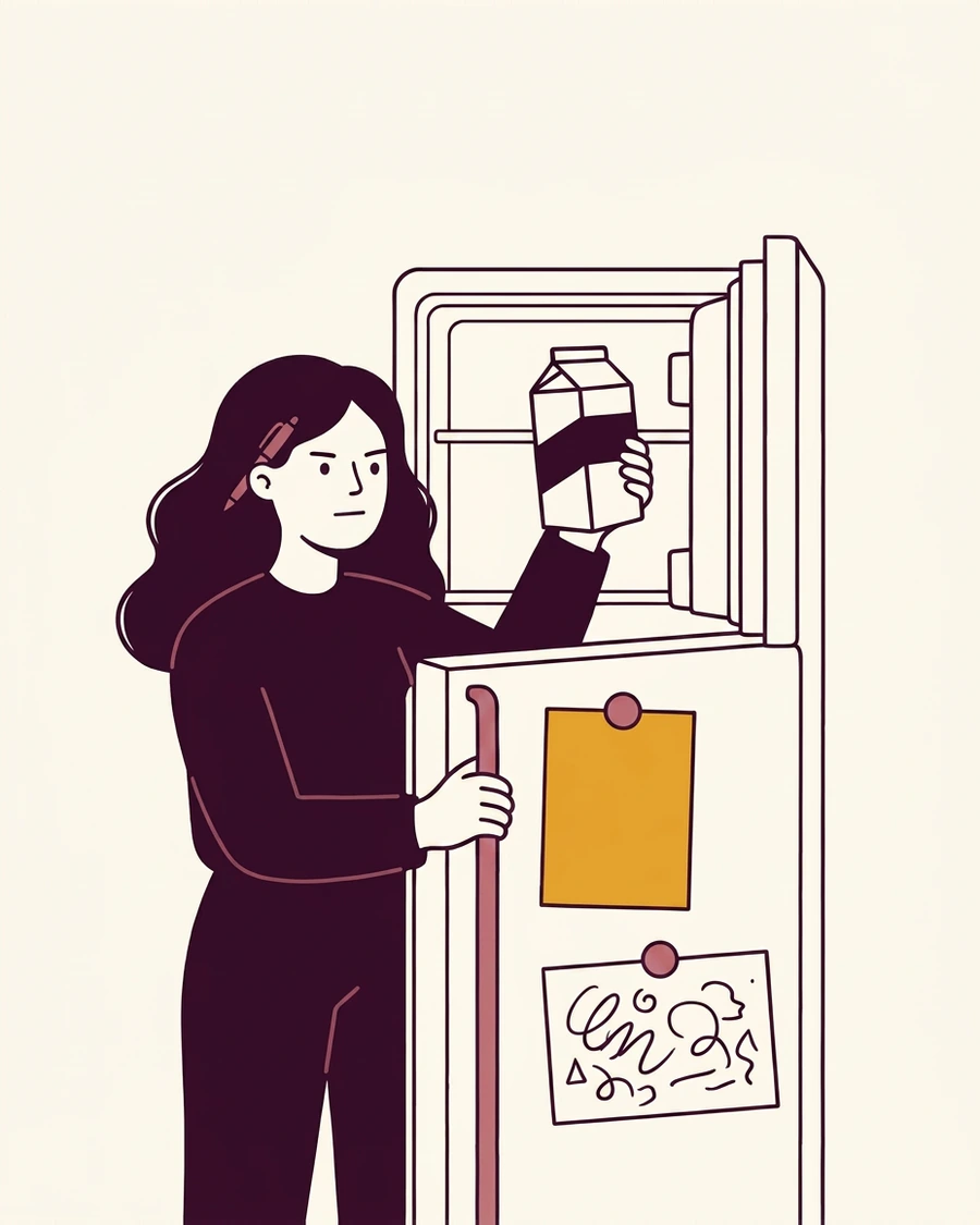 A woman checking the fridge shelf against a list nobody else keeps.