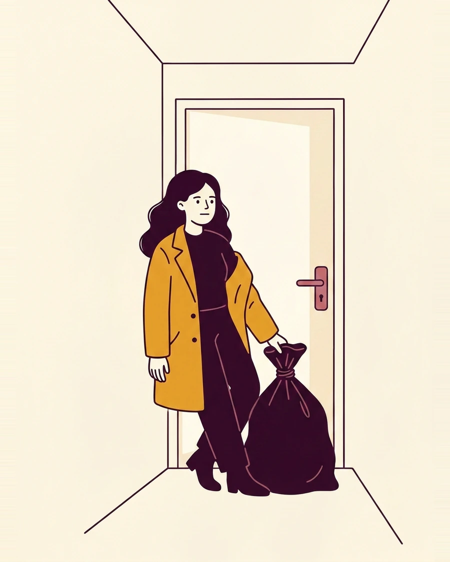 A woman carrying a bag of trash out through the front door, on her own.