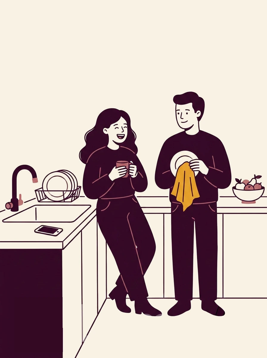 A line drawing of two people in a kitchen: she leans against the counter with a mug, he dries a plate with a yellow towel. They are talking.
